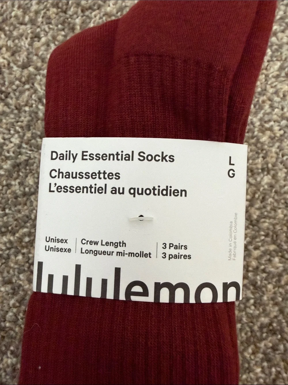 Lululemon 3 Pack Large Crew Length Sock Trio - Burgundy, White & Light Pink